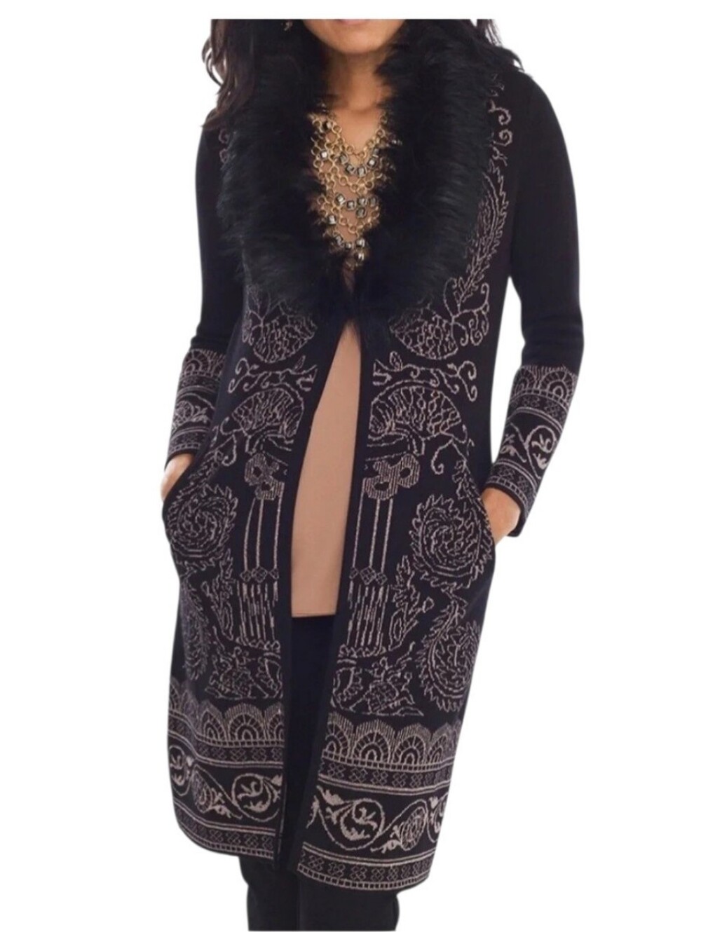 Chico's Faux Fur Collar Lurex Gold Black Duster Cardigan Sweater XL